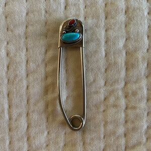 Vintage Sterling silver Safety Pin with Red and Turquoise Stones